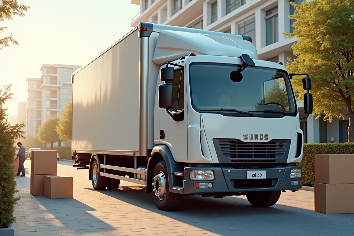 Camion de déménagement stationné en ville avec objets