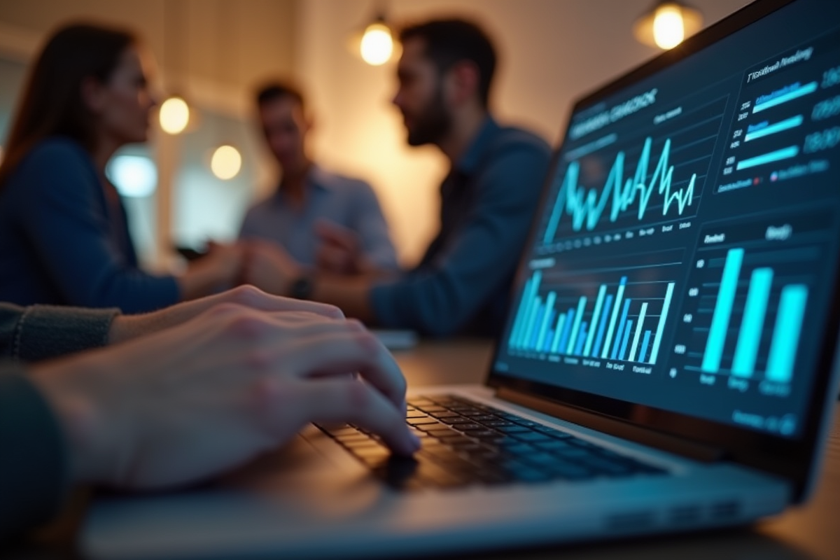 Mains tapant sur un clavier avec tableau de bord analytique