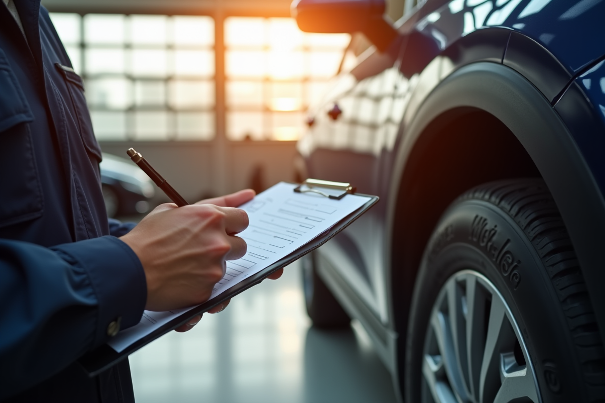 Inspecteur automobile tenant un checklist près de la roue