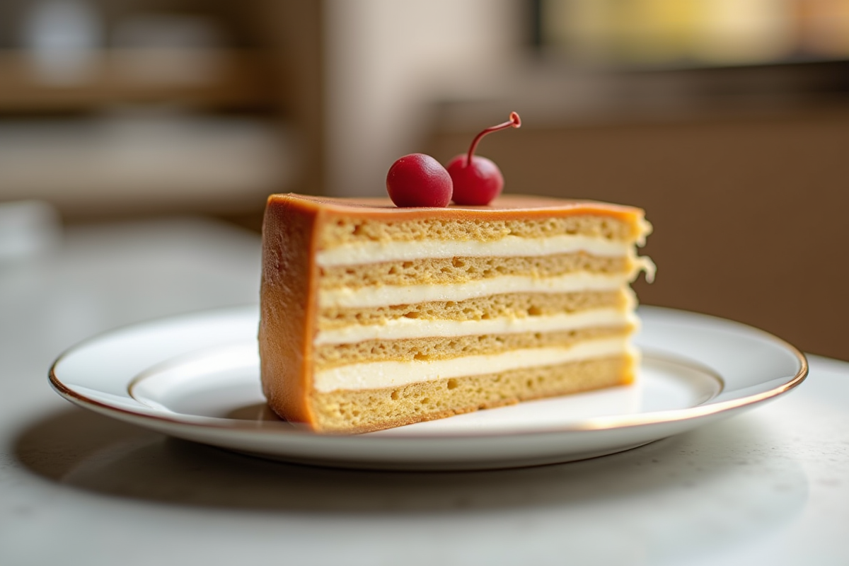 Partie d un gâteau opera sur assiette en porcelaine