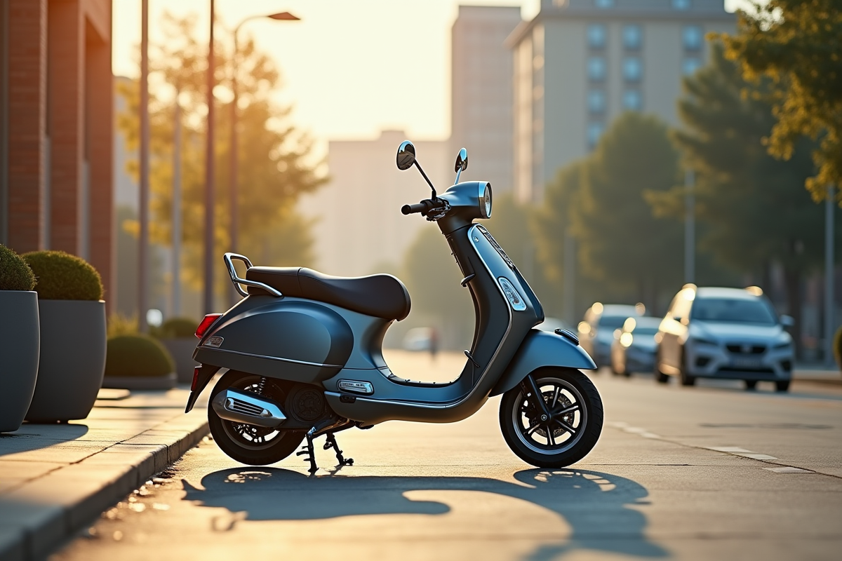 Scooter garé devant centre de formation en plein air ensoleille