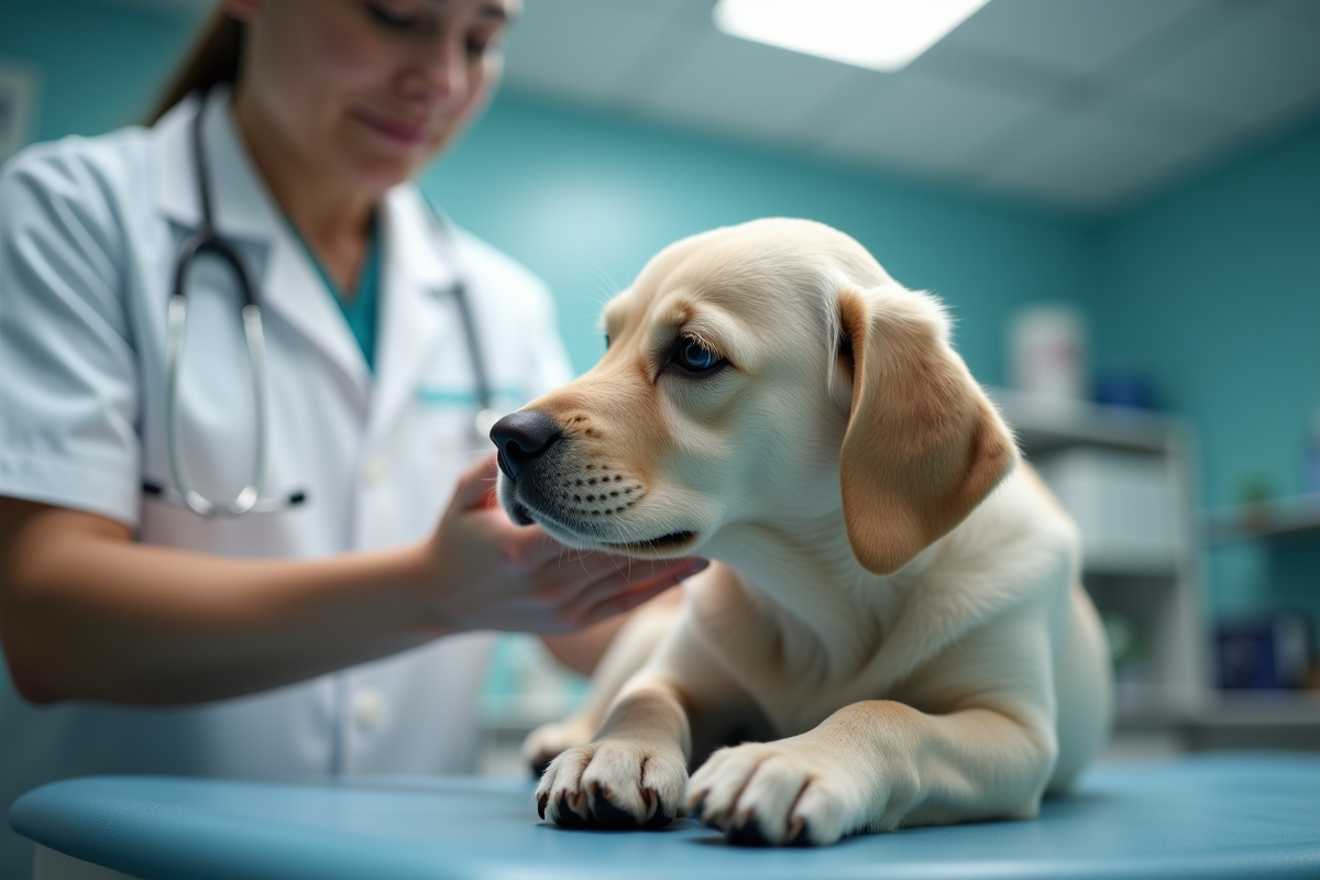 Vétérinaire examinant un petit labrador en clinique