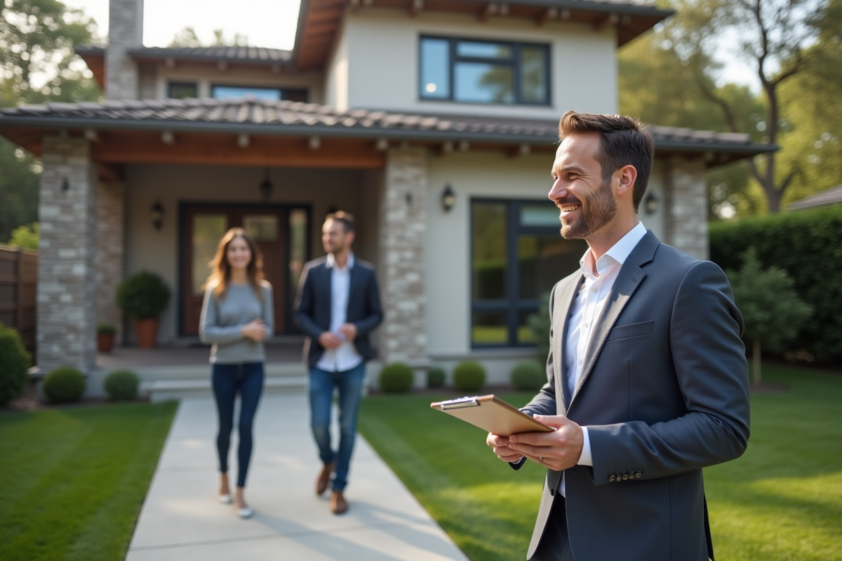Jeune agent immobilier discutant avec un couple devant une maison