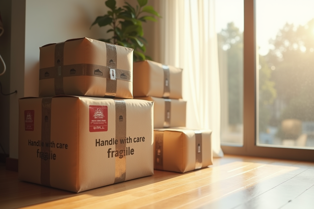 Paquets scellés avec étiquettes fragile empilés près d