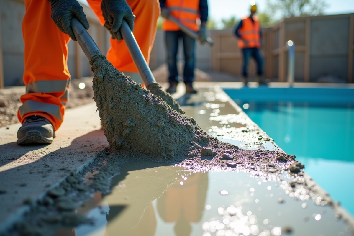 Ouvriers coulant le beton pour une grande piscine en plein jour