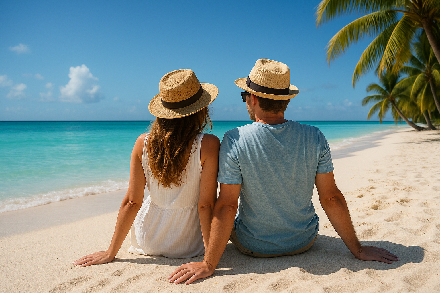 Couple relaxant sur plage tropicale en décembre