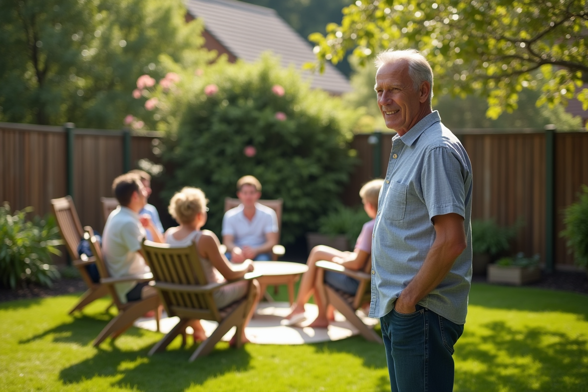 Homme en extérieur discutant avec famille dans le jardin