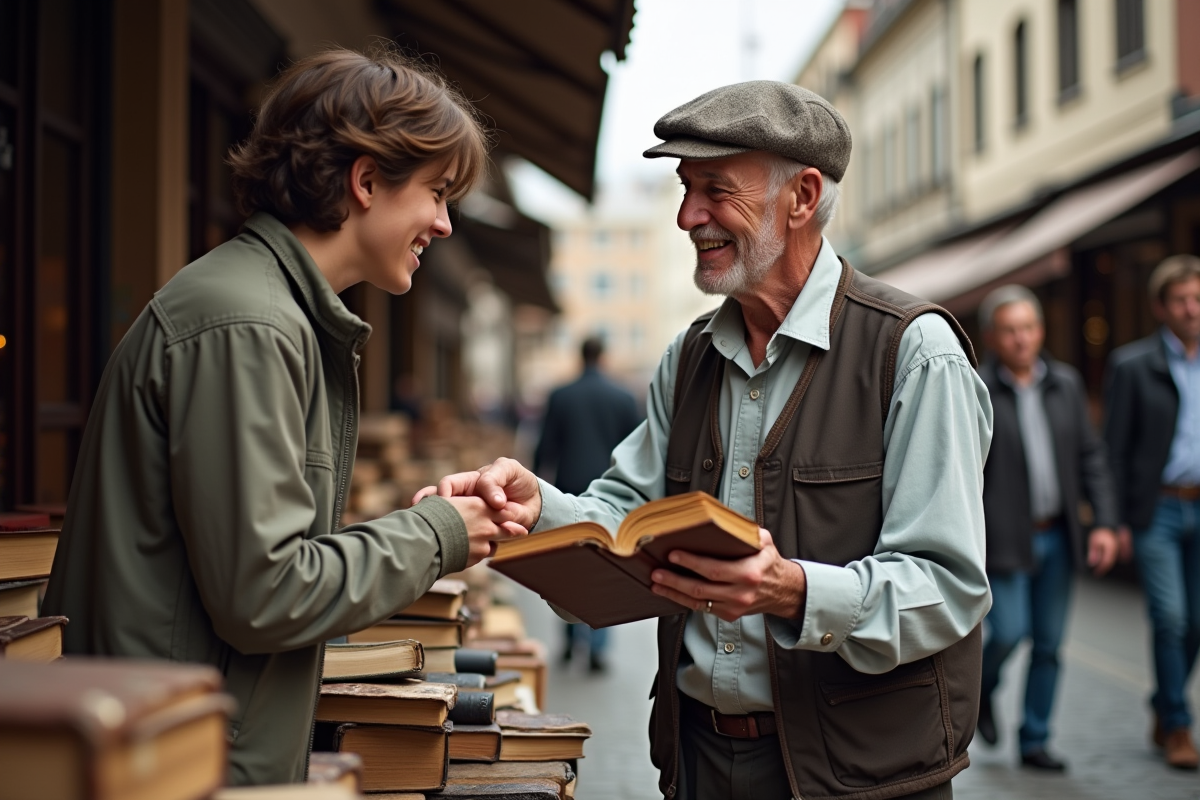 Homme âgé donne un livre ancien à un jeune au marché vintage