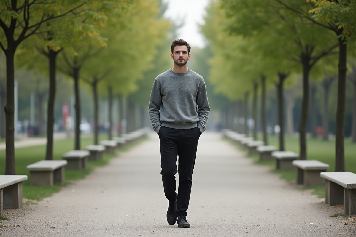 Jeune homme en gris dans un parc urbain spacieux