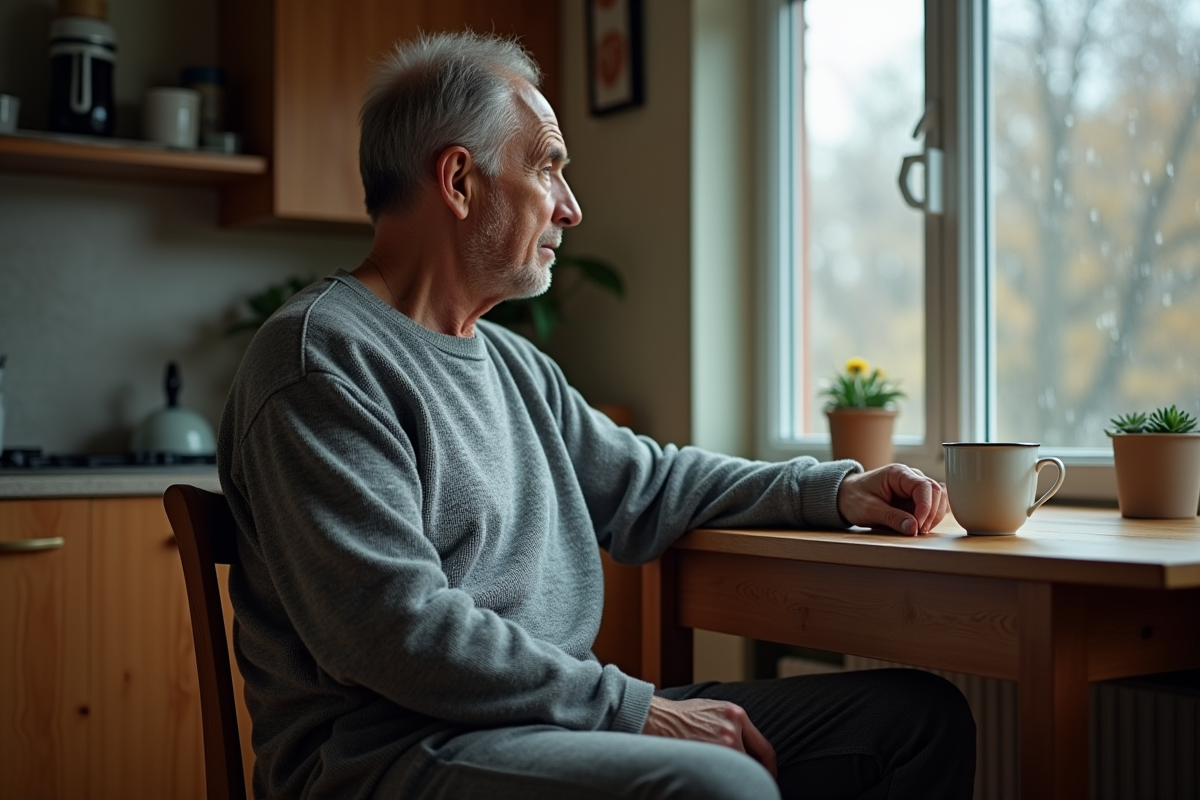 Homme contemplant par la fenetre dans une cuisine chaleureuse