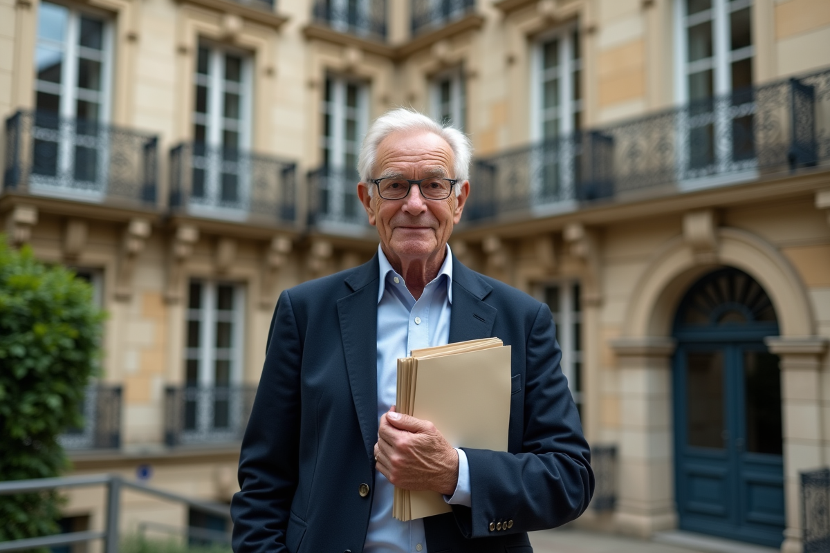 Homme âgé devant un immeuble ancien en tenue élégante