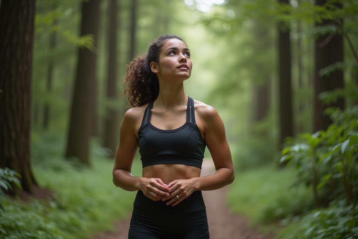 Jeune femme en pleine nature sur un sentier forestier