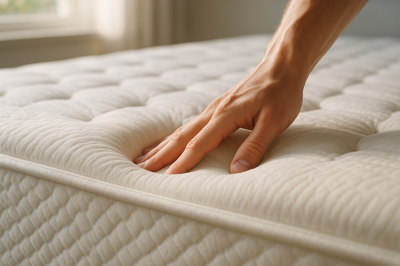 Main appuyant sur la surface douce d un matelas haut de gamme