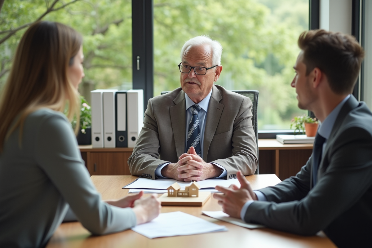 Agent immobilier explique les exemptions DPE à un jeune couple dans un bureau
