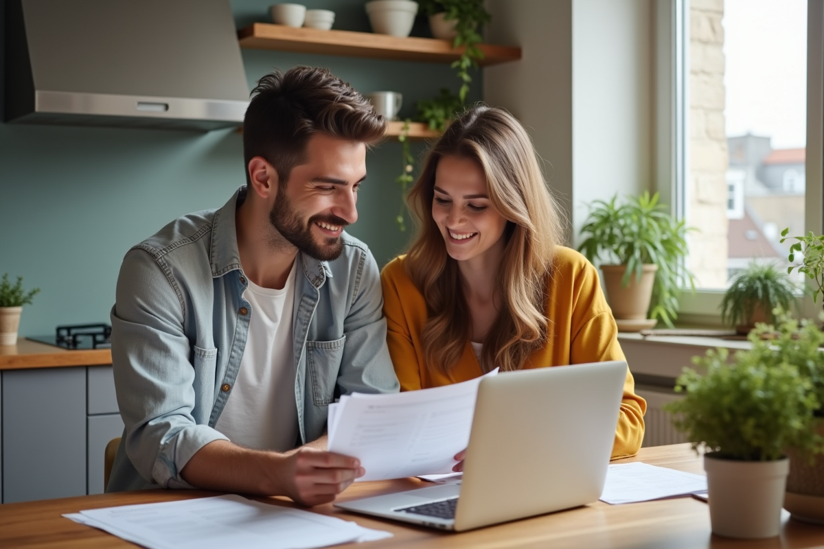Jeune couple discutant de documents de mortgage à la maison