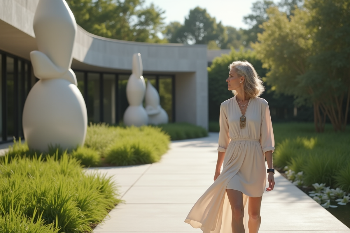 Créatrice de mode dans un jardin d sculptures modernes