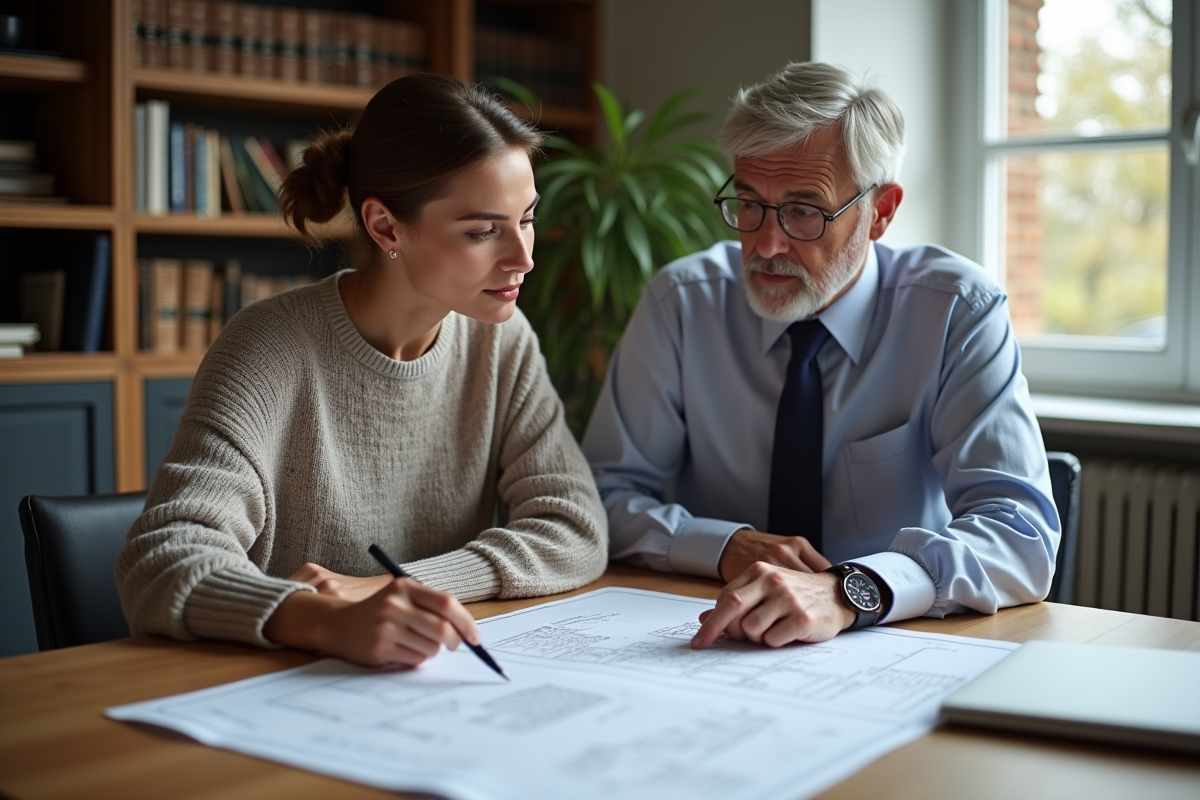 Jeune femme et notaire discutant plans immobiliers