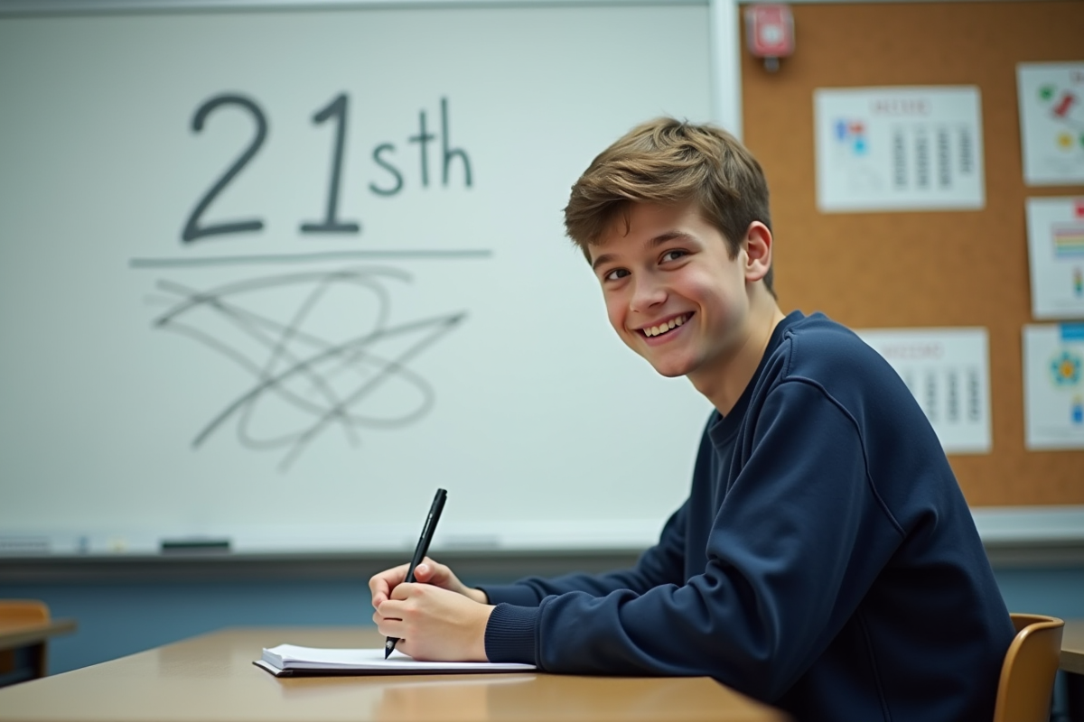 Adolescent écrivant 21st sur le tableau en classe
