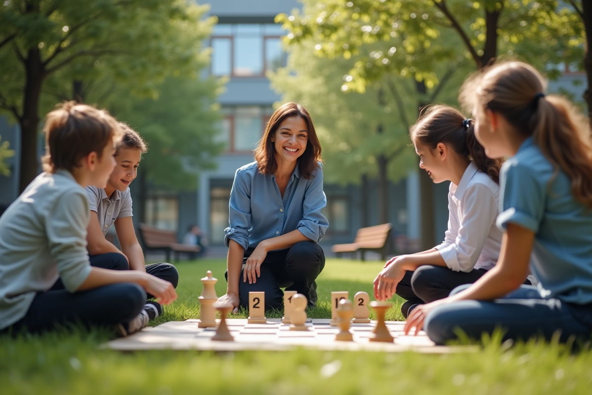Professeure aidant des adolescents à jouer en extérieur