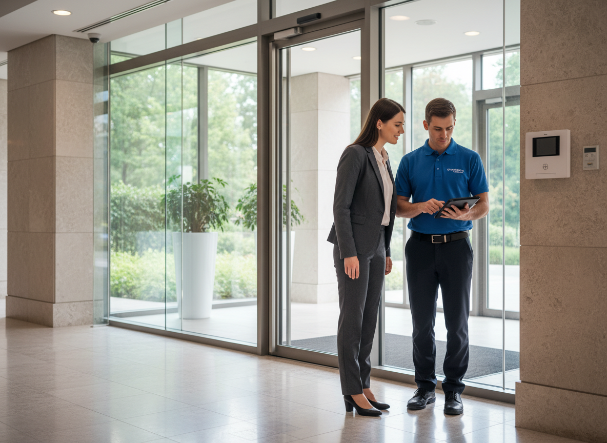 Femme souriante écoute un technicien en alarmes dans un hall moderne