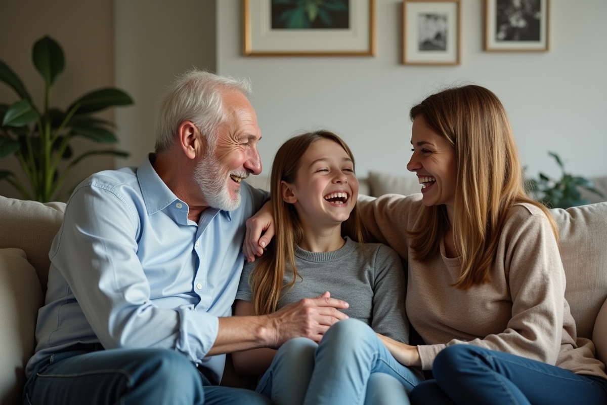 Famille réunie sur un canapé dans un salon lumineux et moderne
