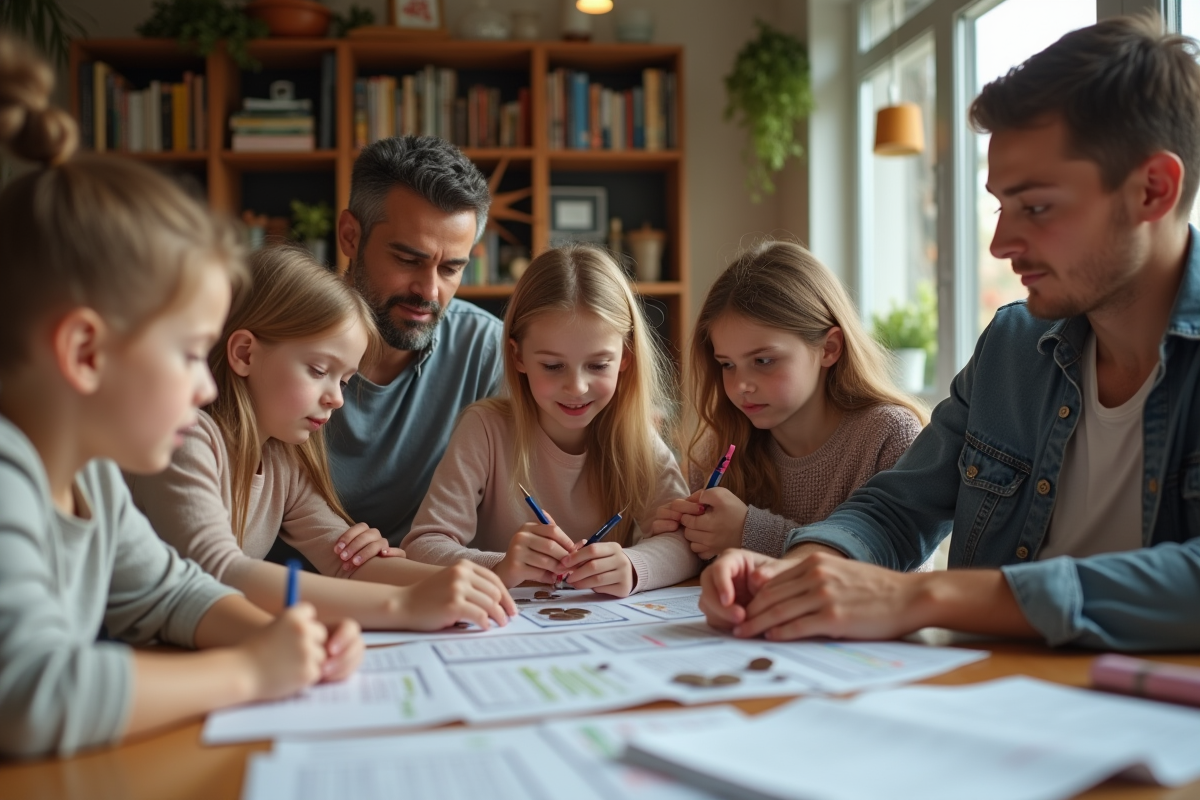 Famille de parents et enfants triant des pièces et remplissant un budget à la maison