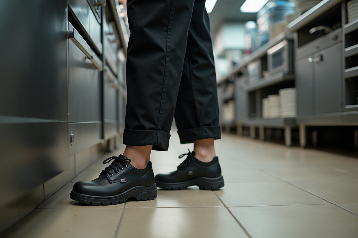 Jeune femme inspectant ses chaussures de sécurité dans la cuisine moderne