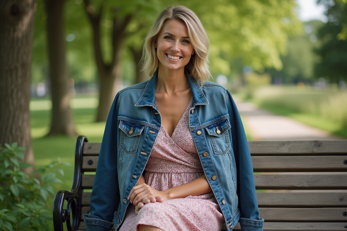 Femme souriante assise dans un parc avec robe et veste décontractée