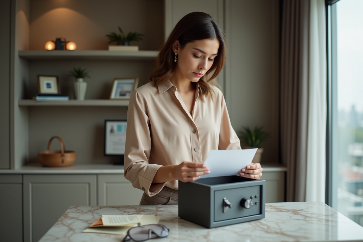 Femme plaçant des documents dans un coffre-fort à la maison