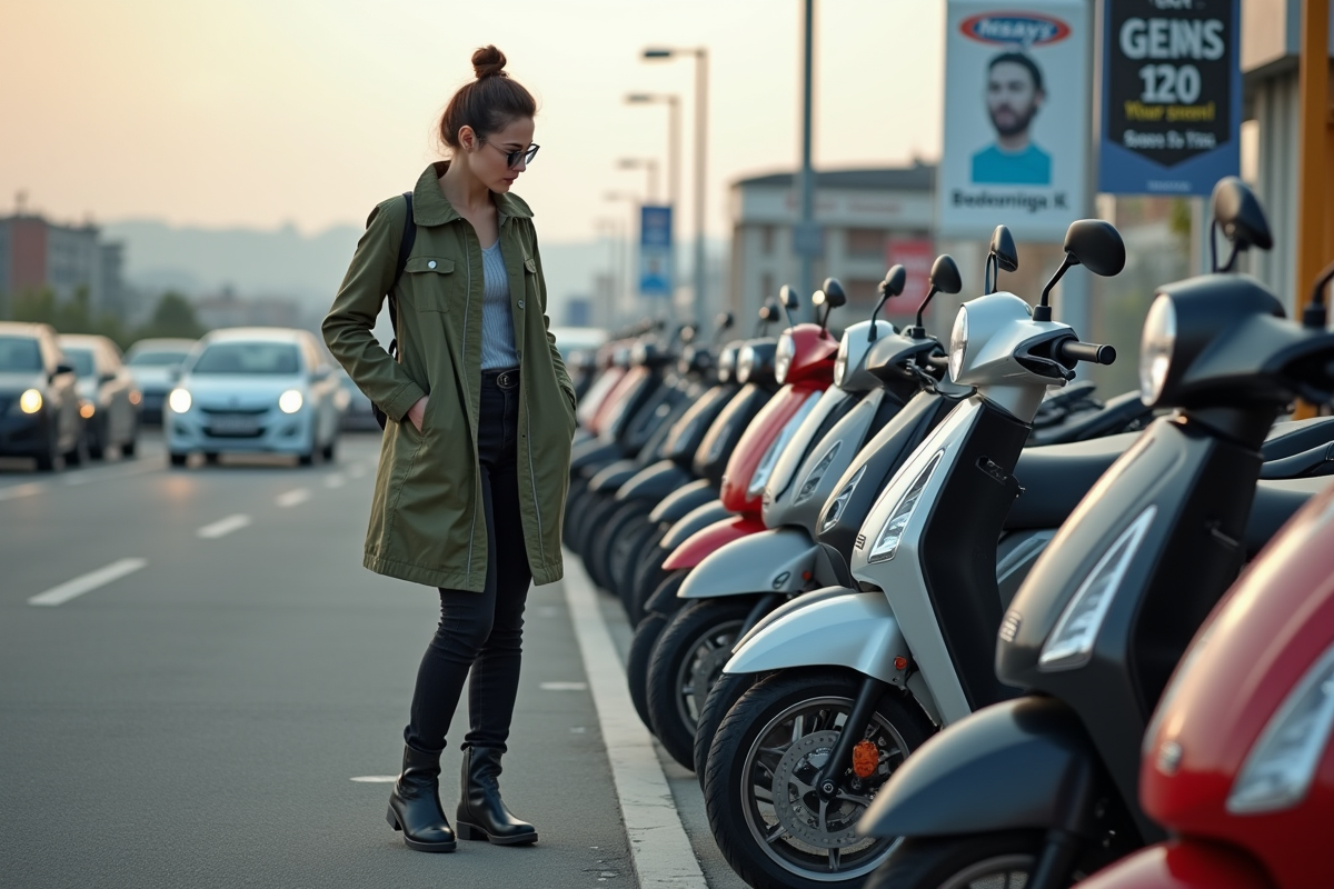 Femme inspectant des motos 125cc dans un concessionnaire