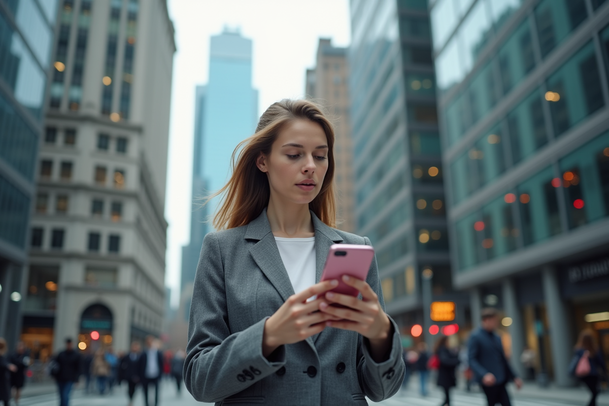 Jeune femme en blazer regardant un graphique sur son smartphone