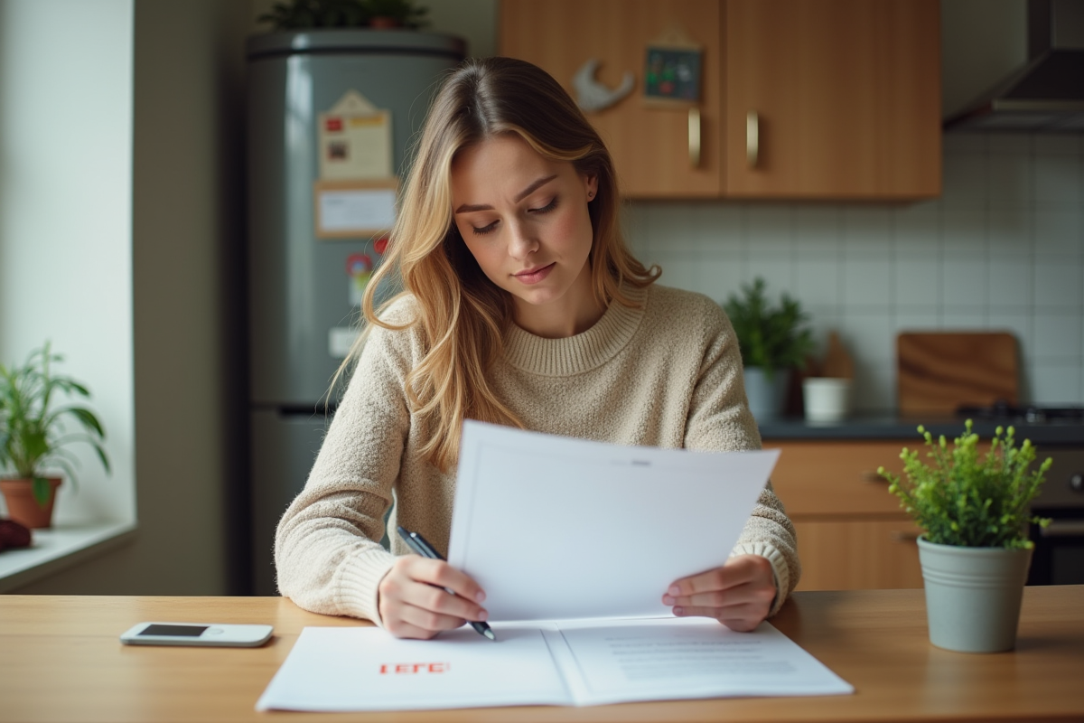 Jeune femme lisant un certificat DPE dans une cuisine lumineuse
