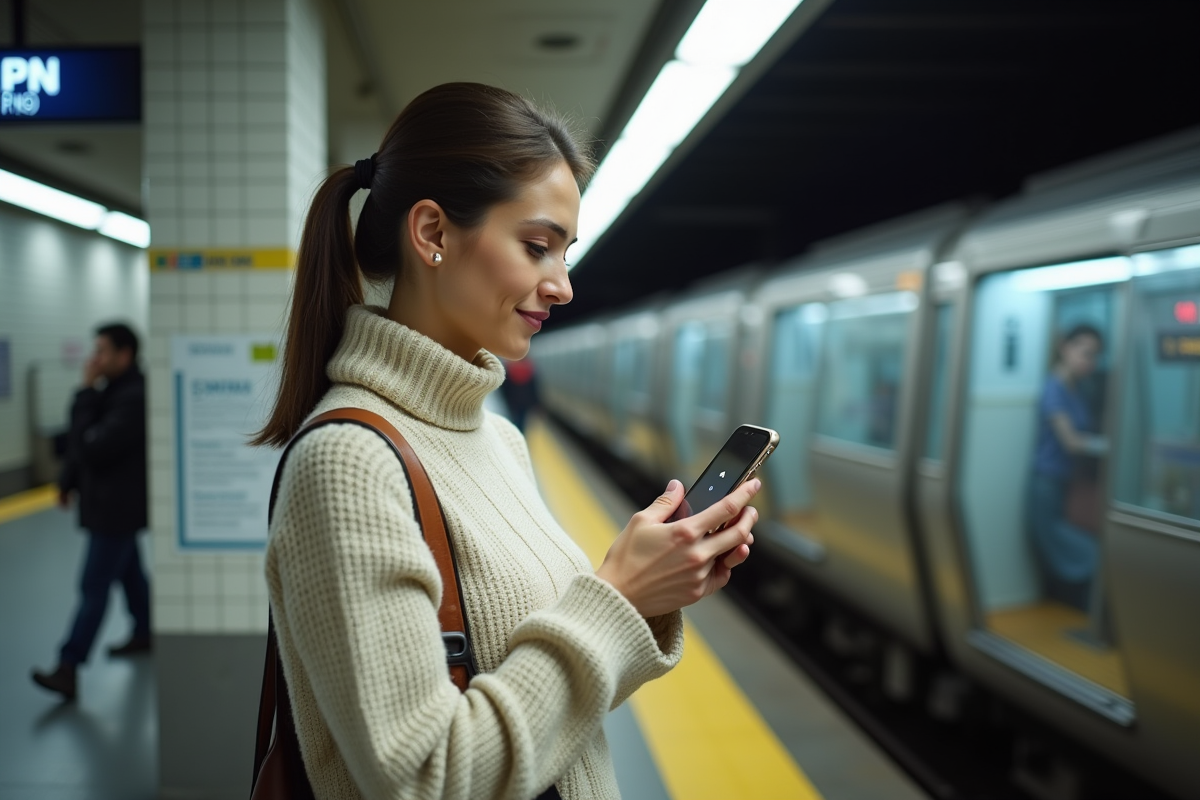 Femme dans le métro utilisant une application VPN