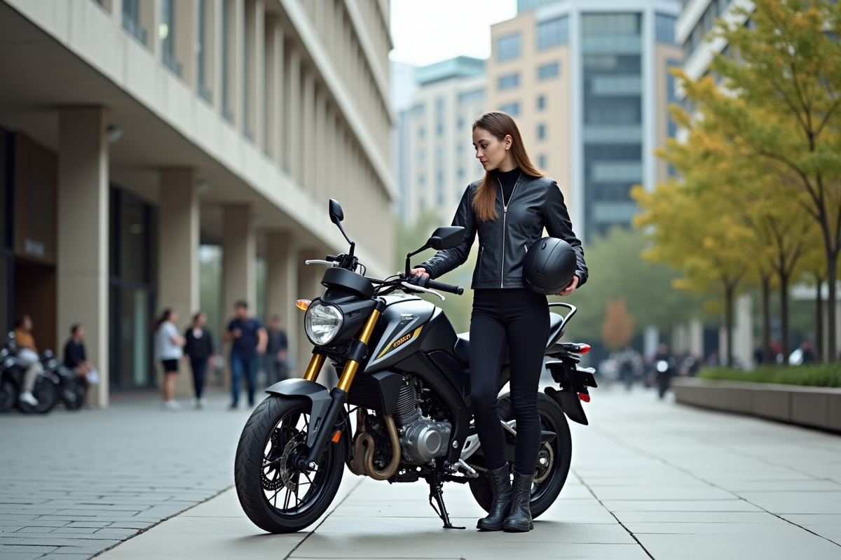 Femme avec casque à moto en ville moderne