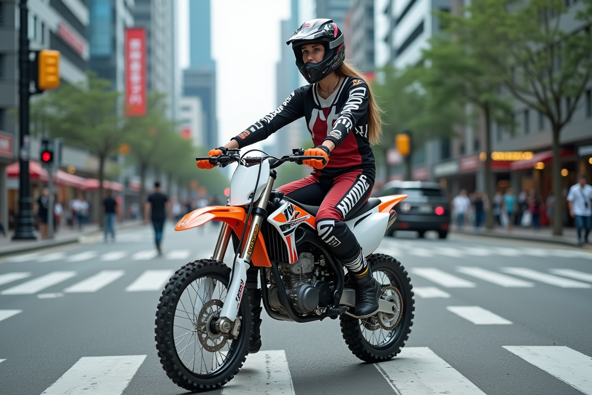 Femme en motocross sur une moto en ville animée