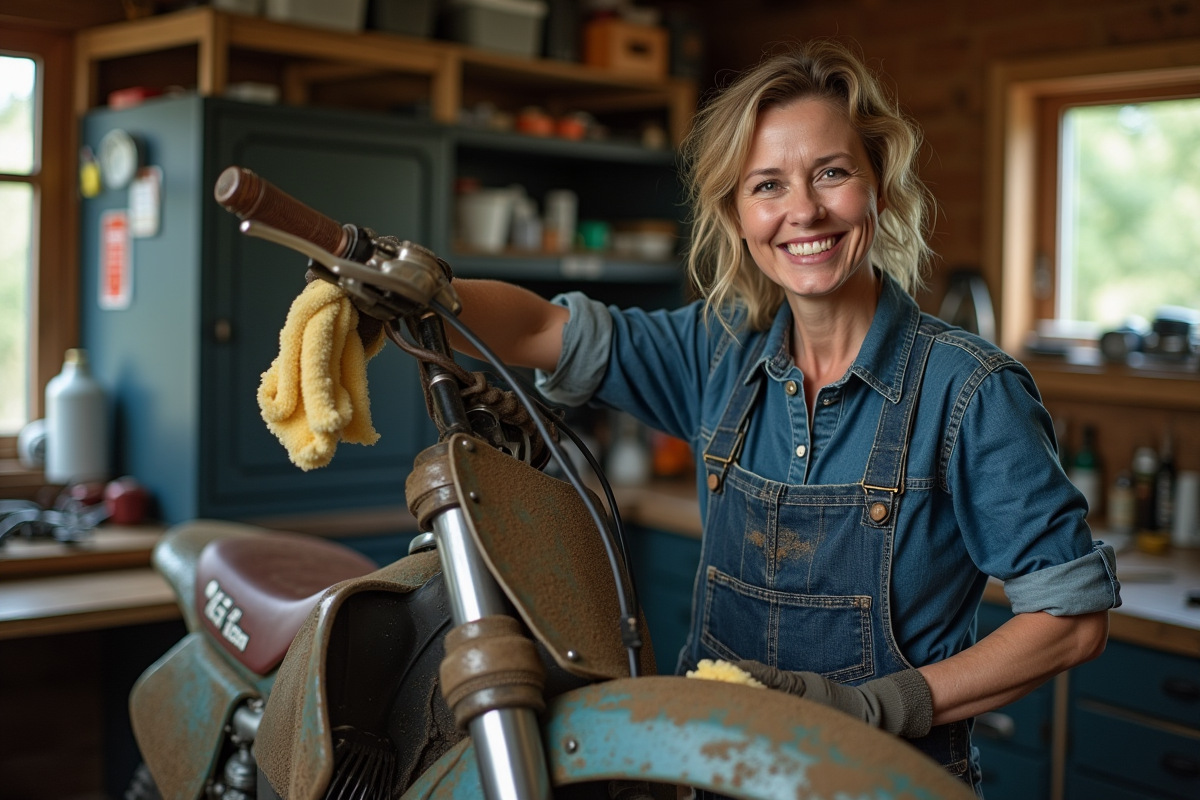 Femme nettoyant sa moto tout en travaillant dans son atelier