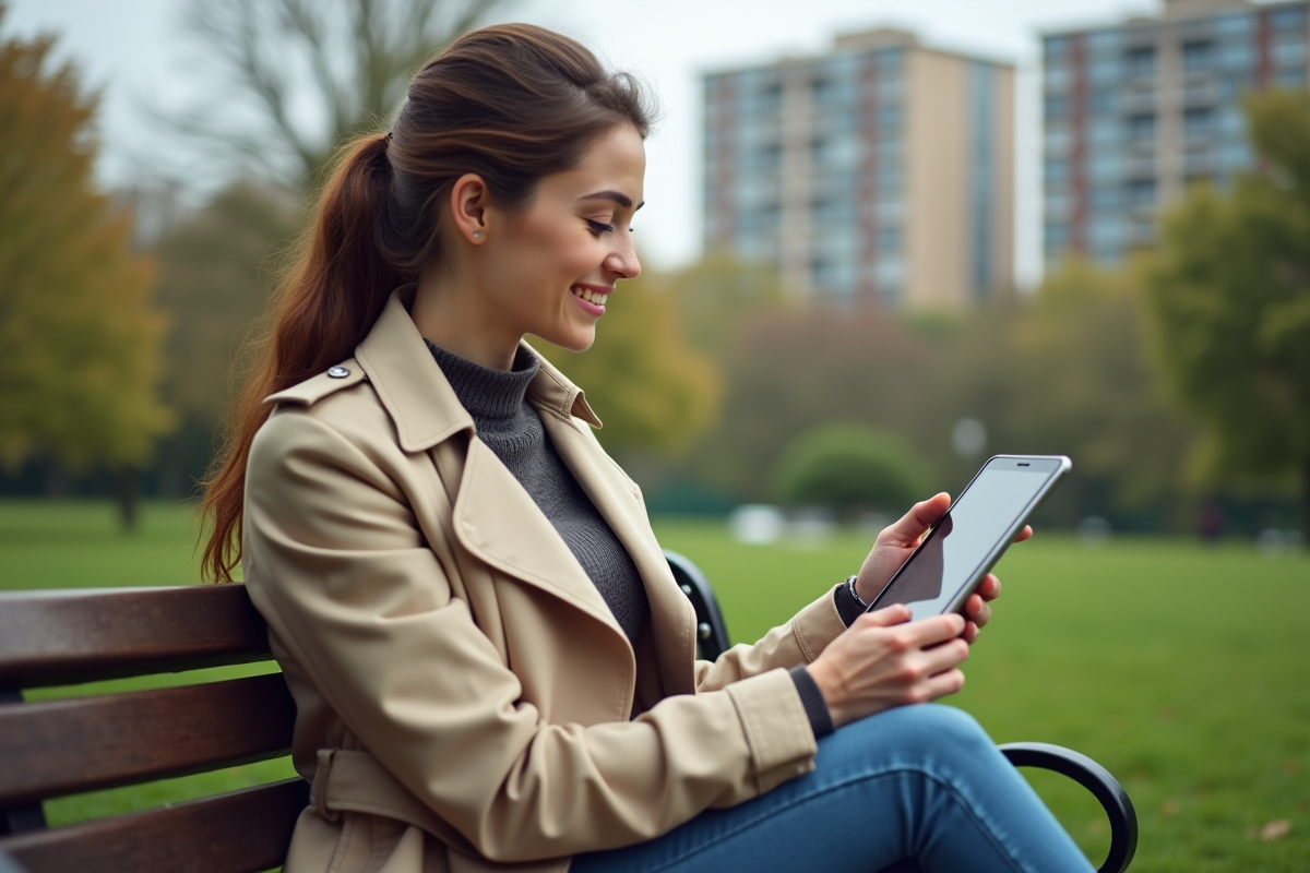 Jeune femme lisant un rapport immobilier dans un parc urbain