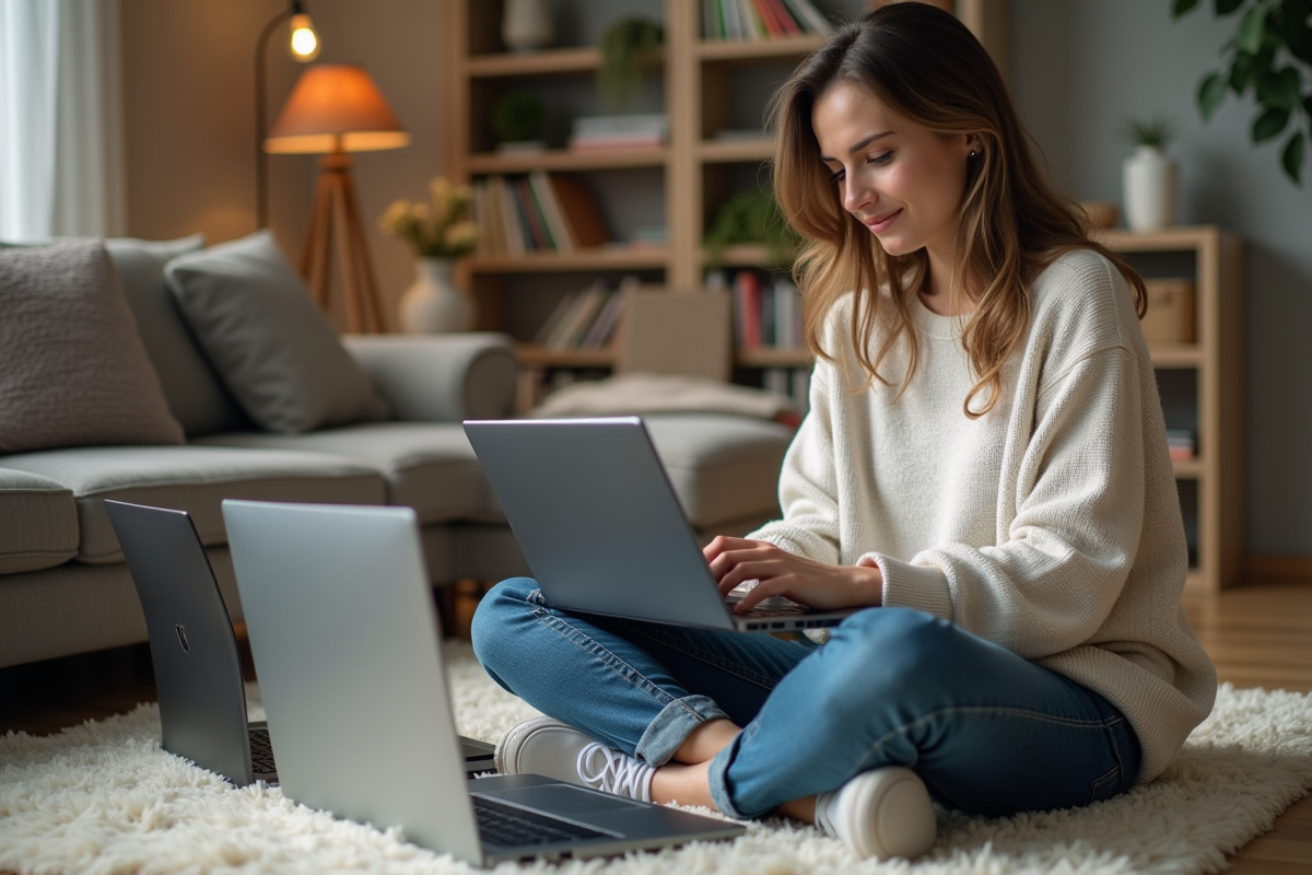 Jeune femme recherche laptops dans un salon cosy