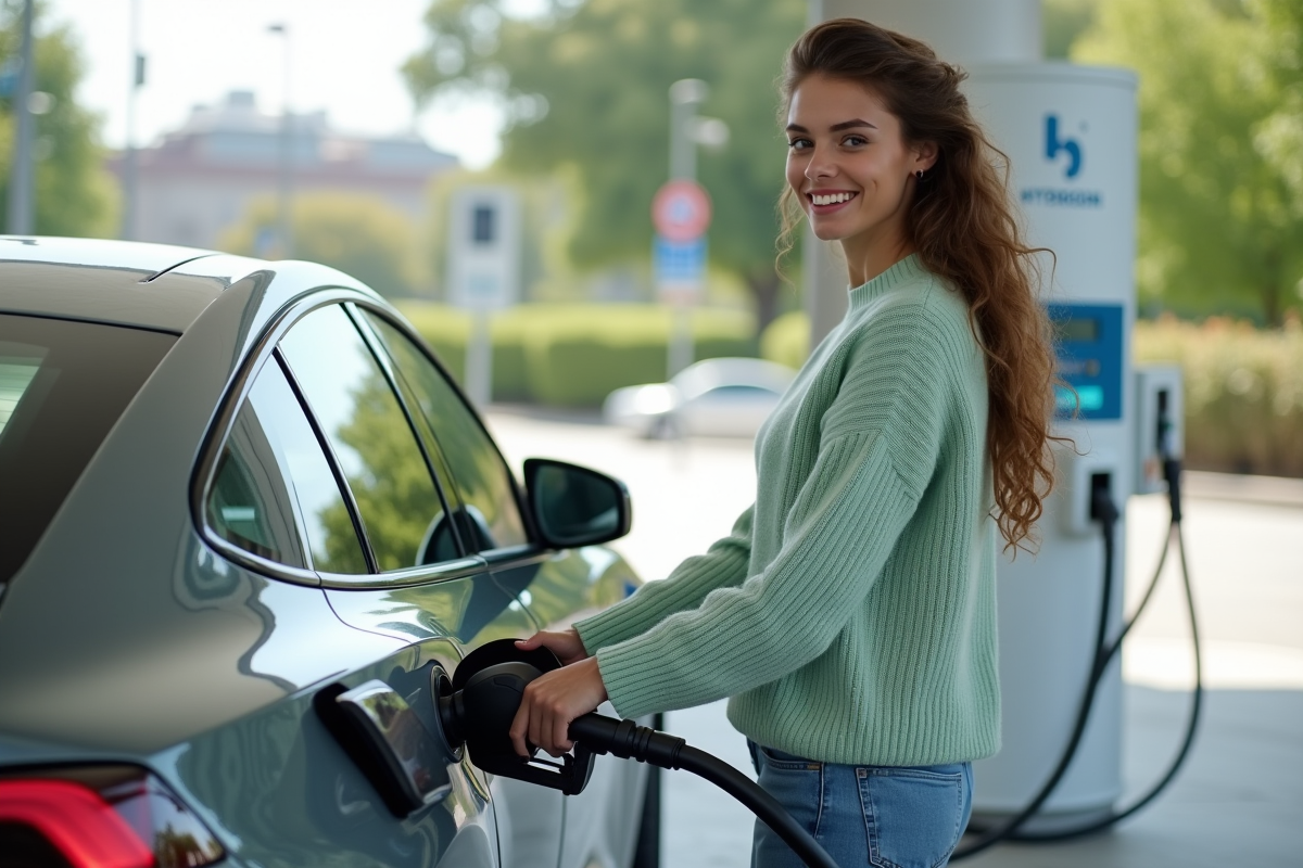 Jeune femme fait le plein d une voiture à hydrogène