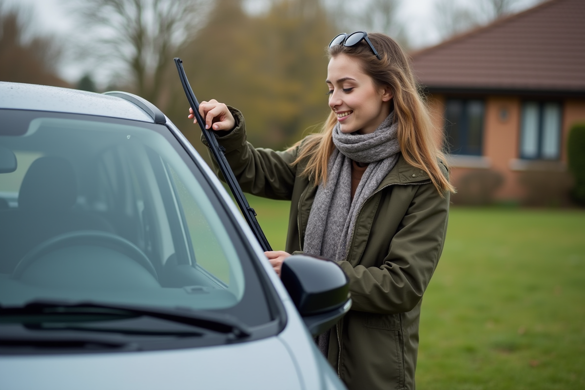Jeune femme installant un nouveau wipeur sur une voiture compacte