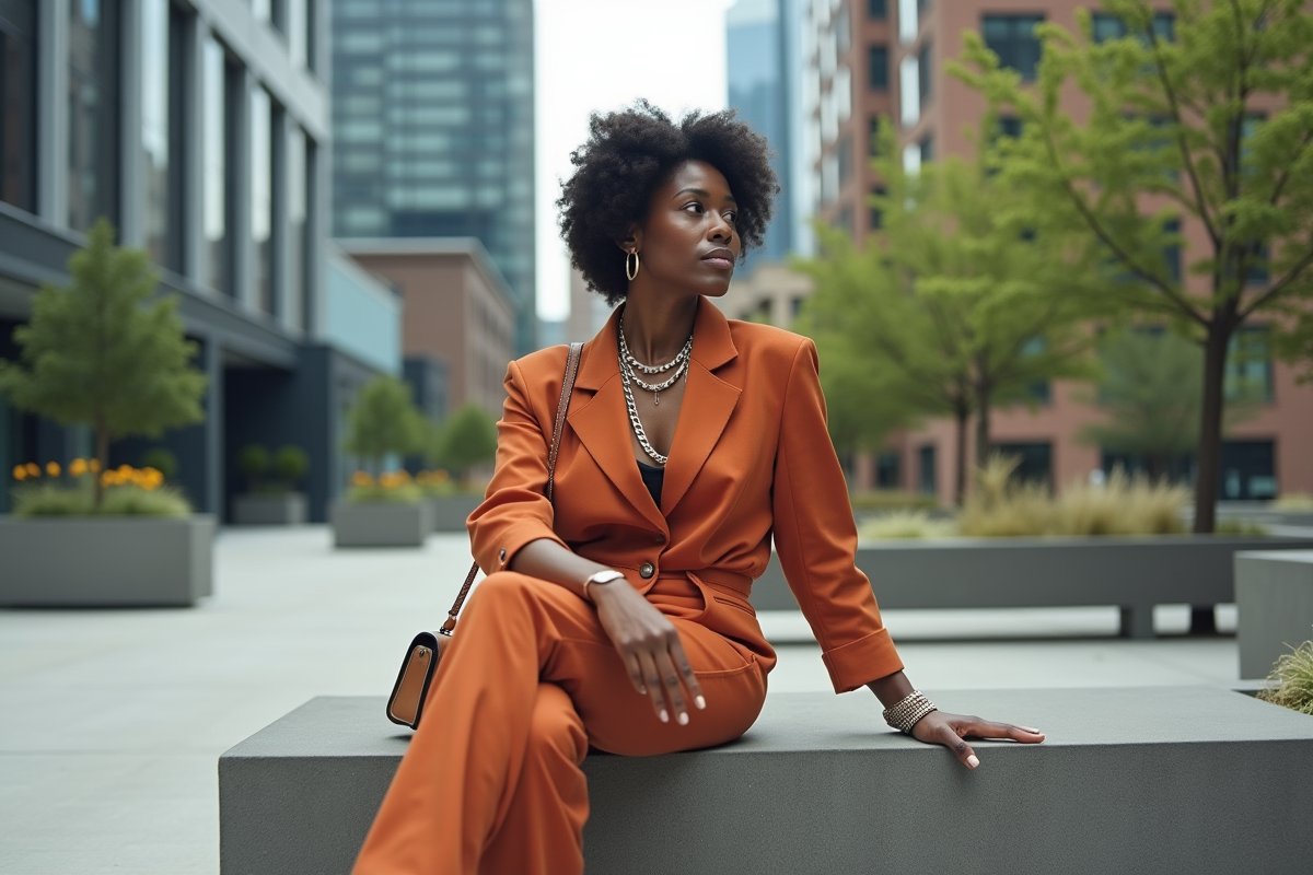 Femme noire en streetwear rétro dans un espace urbain