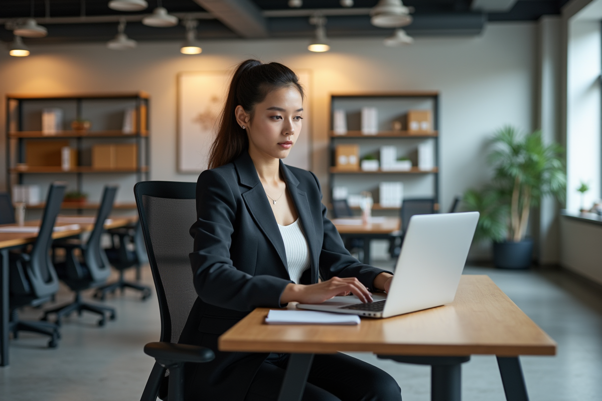 Jeune femme professionnelle travaillant sur un bureau ergonomique