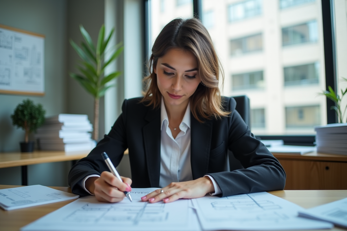 Jeune femme vérifiant formulaires en bureau municipal