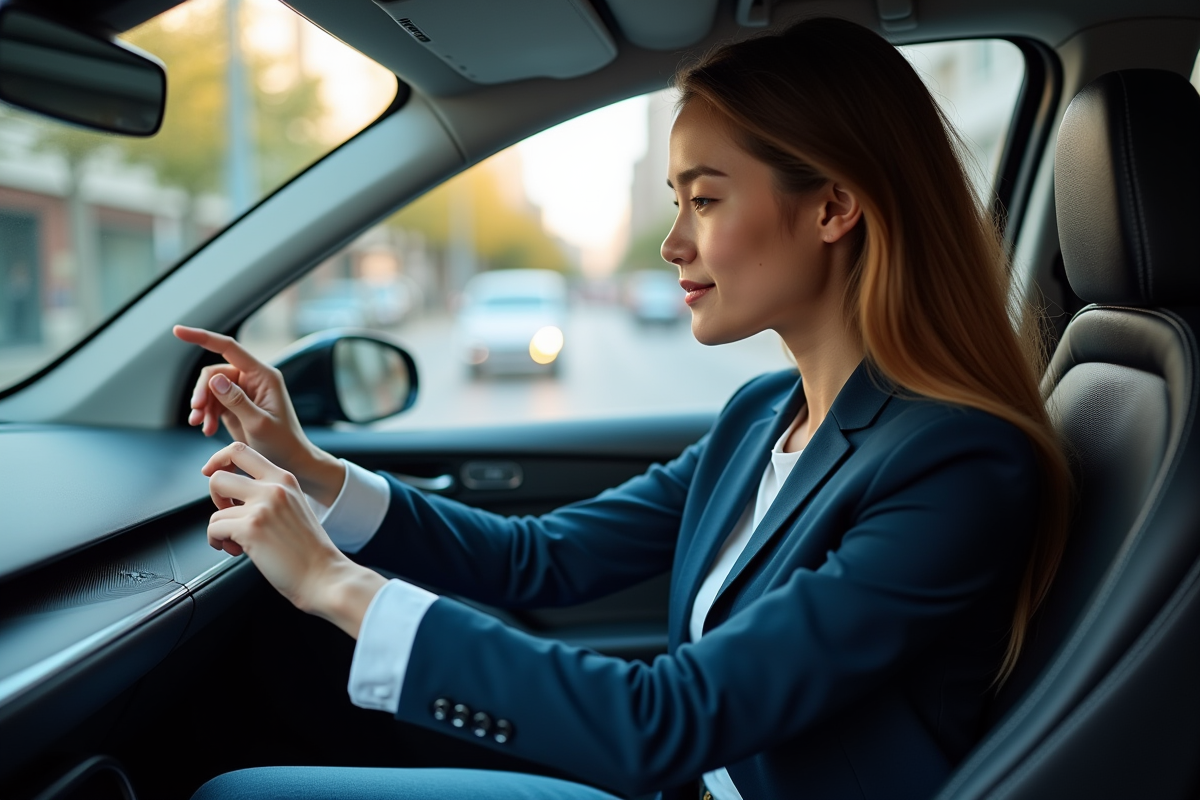 Jeune femme utilisant l’écran tactile dans une voiture à hydrogène