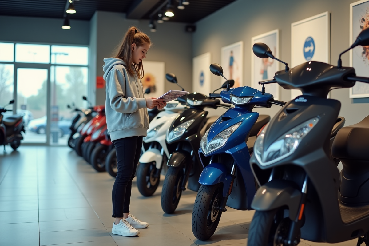 Fille adolescente regardant des brochures de motos dans un showroom