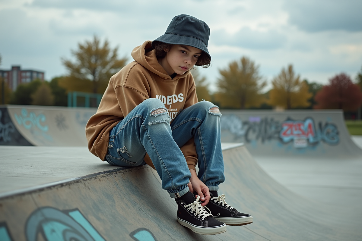 Adolescent en streetwear assis dans un skatepark en train de lacer ses chaussures