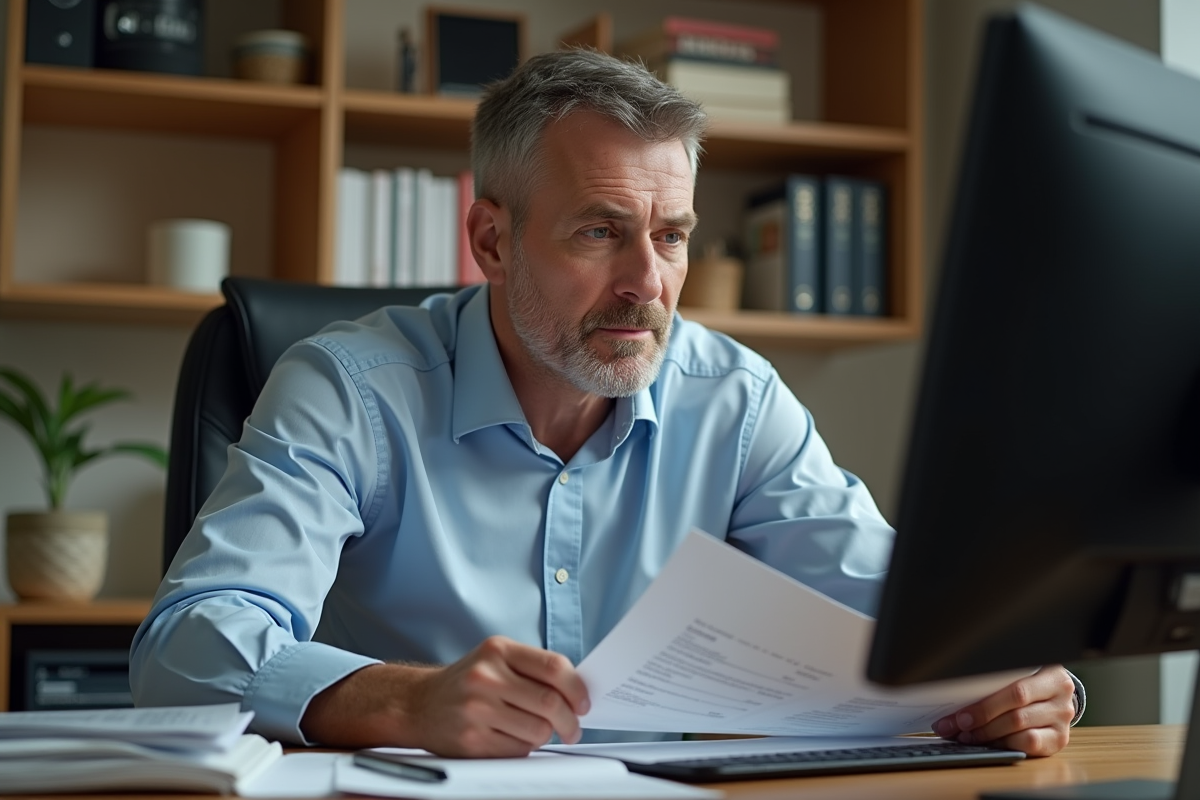 Homme d age vérifiant ses documents financiers au bureau
