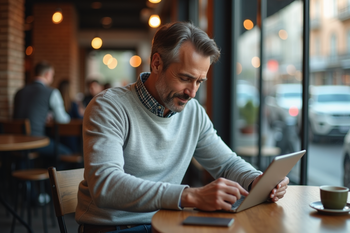 Homme au café utilisant une tablette pour travailler