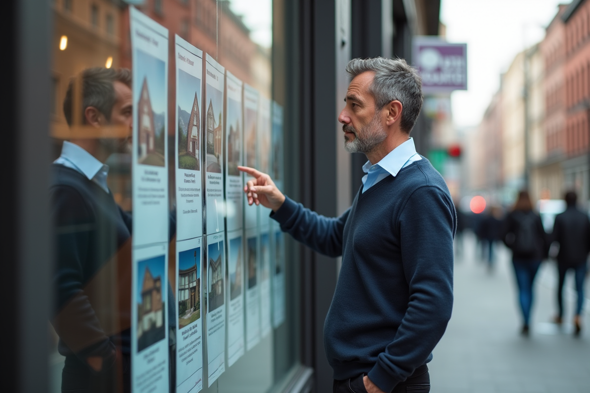 Homme regardant des annonces immobilières en ville
