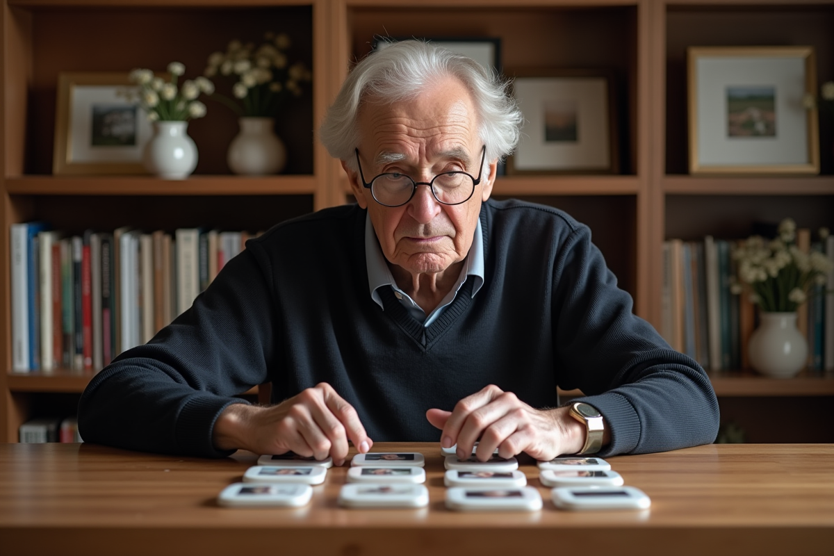 Homme examinant des plaques funéraires en porcelaine dans une pièce